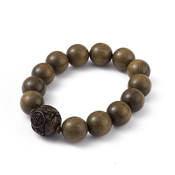 Natural Wood Round Round Beaded Stretch Bracelets, Chinese Character Lucky Bracelet for Women, Coffee, Inner Diameter: 2-3/4 inch(7cm)