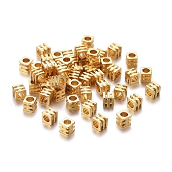 Brass Spacer Beads, Long-lasting Plated, Grooved Cube, Golden, 3x3x3mm, Hole: 1.8mm