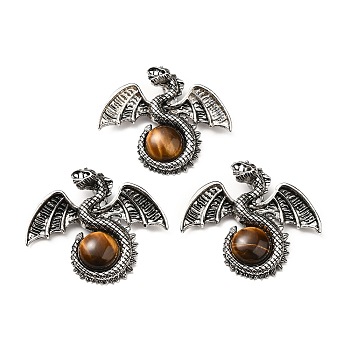 Natural Tiger Eye Big Pendants, Dragon Charms, with Rack Plating Antique Silver Tone Alloy Findings, Cadmium Free & Lead Free, 49x56x12mm, Hole: 6~6.5mm