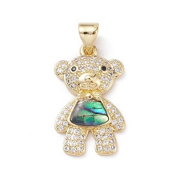 Rack Plating Brass Micro Pave Clear Cubic Zirconia Pendants, with Abalone Shell/Paua Shell, Bear with Bowknot Charms, Long-Lasting Plated, Cadmium Free & Lead Free, Real 18K Gold Plated, 21.5x13x3.5mm, Hole: 3.5x4mm