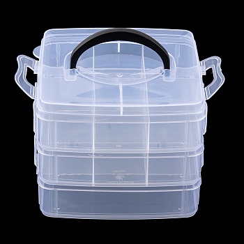 (Defective Closeout Sale: Cracks) 14 Grids Plastic Handled Organizers, 3-Tier Square Grid Bead Containers, Clear, 14.5x14.5x12cm