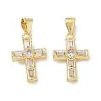 Brass Pave Cubic Zirconia Pendants, Cross Charms, Rack Plating, Long-Lasting Plated, Lead Free & Cadmium Free, Real 18K Gold Plated, Clear, 23x12x3mm, Hole: 5x3.5mm(CU-CBAD360-05G-01)