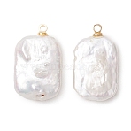 Natural Baroque Keshi Pearl Pendants, Rectangle Charms with Brass Bails, White, Golden, 22x13.5x5.5~7mm, Hole: 1.6mm(PALLOY-JF05197)