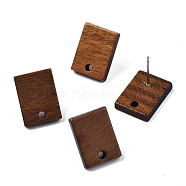 Walnut Wood Stud Earring Findings, with Hole and 304 Stainless Steel Pin, Rectangle, Peru, 15x11mm, Hole: 1.8mm, Pin: 0.7mm(MAK-N032-018)