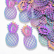 Ion Plating(IP) 201 Stainless Steel Filigree Pendants, Etched Metal Embellishments, Pineapple, Rainbow Color, 35.5x16x0.3mm, Hole: 1mm(STAS-R102-05)