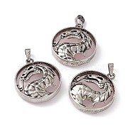 Natural Rose Quartz Pendants, Flat Round Charms with Rack Plating Antique Silver Tone Brass Dragon, Cadmium Free & Lead Free, 32x28x7.5mm, Hole: 8.5x5mm(G-H281-05H)