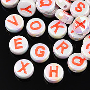 UV Plating Enamel Acrylic Beads, Iridescent, Mixed Letter, Flat Round, Coral, 15x7mm, Hole: 2.2mm(PACR-N015-01G)