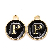 Golden Plated Alloy Charms, Cadmium Free & Lead Free, with Enamel, Enamelled Sequins, Flat Round with Letter, Black, Letter.P, 14x12x2mm, Hole: 1.5mm(X-ENAM-S118-02P)