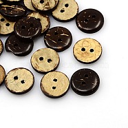 Coconut Buttons, 2-Hole, Flat Round, Coconut Brown, 13x3mm, Hole: 2mm(X-COCO-I002-089)