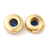 Brass Micro Pave Cubic Zirconia Beads, Flat Round, Real 18K Gold Plated, Marine Blue, 8x4mm, Hole: 1.5mm(ZIRC-Q202-18G-01)