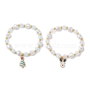 2Pcs 2 Styles Christmas Tree & Deer Alloy Enamel Charm Bracelet Sets, Acrylic Imitation Pearl Beaded Stretch Bracelets, Golden, Inner Diameter: 2 inch(5~5.2cm), 1pc/style(BJEW-JB10871)