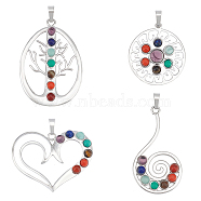 Elite 4Pcs 4 Style Chakra Gemstone Pendants, with Brass Findings, Cadmium Free & Nickel Free & Lead Free, Flat Round & Heart & Vortex & Teardrop, 34~48x25~43.5x4~8mm, Hole: 5x8mm, 1pc/style(G-PH0001-85)