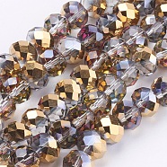 Electroplate Glass Faceted Rondelle Beads Strands,  Half Golden Plated, Gold, 10x8mm, Hole: 1mm, about 63~65pcs/strand, 19.2~20 inch(48~50cm)(EGLA-D020-10x8mm-14)