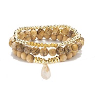 3Pcs 3 Style Natural & Synthetic Mixed Stone & Wood & Brass Stretch Bracelets Set with Glass Teardrop for Women, Inner Diameter: 2-1/4~2-3/8 inch(5.8~6.1cm), 1Pc/style(BJEW-JB08355)