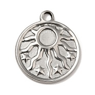 304 Stainless Steel Pendant Cabochon Settings, Flat Round with Sun Pattern, Stainless Steel Color, Tray: 5mm, 21x18x2mm, Hole: 2mm(STAS-G278-01P)