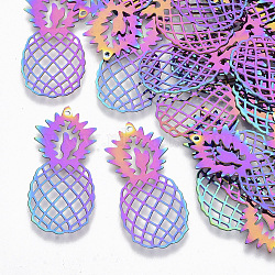 Ion Plating(IP) 201 Stainless Steel Filigree Pendants, Etched Metal Embellishments, Pineapple, Rainbow Color, 35.5x16x0.3mm, Hole: 1mm(STAS-R102-05)