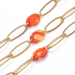 Handmade Brass Paperclip Chains, Drawn Elongated Cable Chains, with Acrylic Links, Soldered, Textured, Orange Red, Real 18K Gold Plated, Link: 19.5x7x1mm, Acrylic Links: 13x9x2.5mm(CHC-H102-01G)