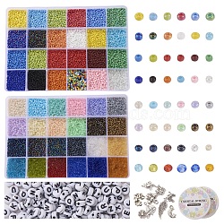 DIY Colorful Jewelry Kits for Children's Day, Including 48 Colors Glass Seed Beads, 250Pcs Alphabet Acrylic Beads, 2 Rolls Elastic Crystal Thread and 10Pcs Alloy Pendants, Mixed Color, Box: 19x13x2.2cm(DIY-YW0001-84)