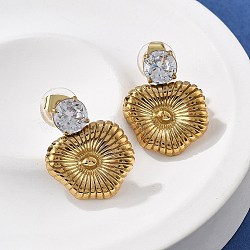 304 Stainless Steel Stud Earrings, with Cubic Zirconia, Real 18K Glod Plated, Nuggets, Clear, 22x18mm(EJEW-R020-04G-01)