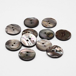 2-Hole Flat Round Natural Black Shell Buttons, Black, 17x2mm, Hole: 2mm(X-SHEL-P012-21)