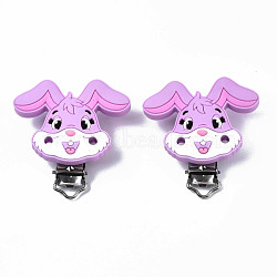 Food Grade Eco-Friendly Silicone Baby Pacifier Holder Clips, with 304 Stainless Steel Clips, Rabbit, Orchid, 56x55x21mm, Hole: 4mm(SIL-N002-13D)