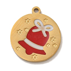 Christmas Theme 304 Stainless Steel Enamel Charms, Real 14K Gold Plated, Christmas Bell, 14x12x1mm, Hole: 1mm(STAS-Z093-02E)