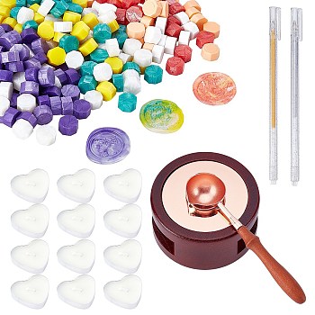 CRASPIRE DIY Stamp Making Kits, Including Round Sealing Wax Stove, Sealing Wax Particles, Brass Spoon, Plastic Glisten Gel Pen, Paraffin Candles, Mixed Color, Sealing Wax Particles: 300pcs