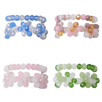 2Pcs 2 Style Glass Braided Beaded Flower Stretch Rings Set for Women, Mixed Color, Inner Diameter: 17.5~18mm, 1Pc/style