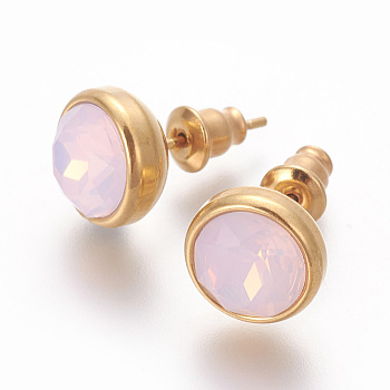304 Stainless Steel Ear Studs, with Cubic Zirconia, Ion Plating (IP), Flat Round, Golden, Thistle, 10x17mm, Pin: 0.7mm