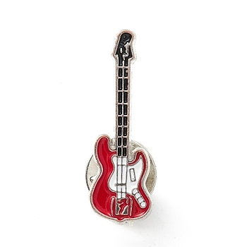 Guitar Enamel Pin, Musical Instrument Alloy Brooch for Backpack Clothes, Platinum, Red, 29.5x10x1.5mm, Pin: 1.2mm