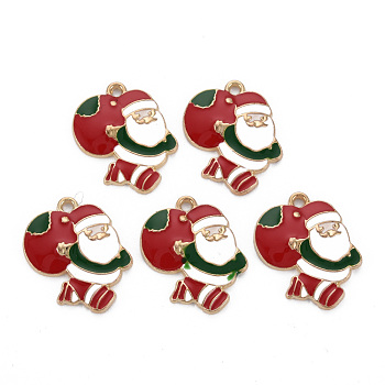 Rack Plating Alloy Enamel Pendants, Cadmium Free & Nickel Free & Lead Free, Father Christmas, Light Gold, Red, 21x21x2.5mm, Hole: 1.8mm