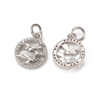 Brass Micro Pave Cubic Zirconia Bird Charms, with Jump Ring, Ring with Seagull Charm, Platinum, 13x11x2mm, Hole: 3mm