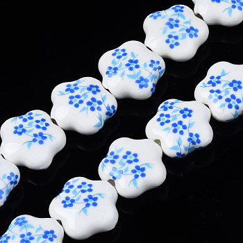 Handmade Porcelain Ceramic Beads Strands, Flower Printed, Flower, Dodger Blue, 14x15x6mm, Hole: 1.8mm, about 23pcs/strand, 12.4 inches(31.5cm)