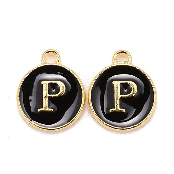 Golden Plated Alloy Charms, Cadmium Free & Lead Free, with Enamel, Enamelled Sequins, Flat Round with Letter, Black, Letter.P, 14x12x2mm, Hole: 1.5mm