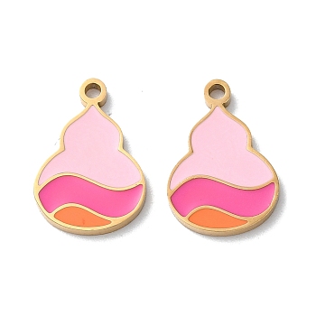 Ion Plating(IP) 304 Stainless Steel Pendants, with Enamel, Gourd Charm, Golden, Pink, 17x11.5x1.5mm, Hole: 1.6mm