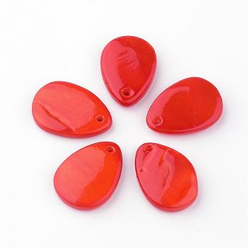 Freshwater Shell Pendants, Dyed, teardrop, Orange Red, 18~19x13~14x1~3mm, Hole: 1.5mm