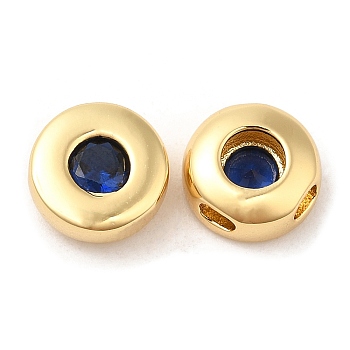 Brass Micro Pave Cubic Zirconia Beads, Flat Round, Real 18K Gold Plated, Marine Blue, 8x4mm, Hole: 1.5mm