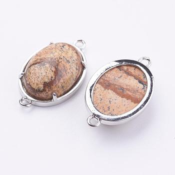 Brass Natural Picture Jasper Links connectors, Oval, Platinum, 15x26x5.5~7mm, Hole: 1.5~2mm