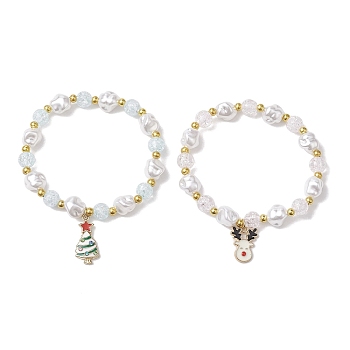 2Pcs 2 Styles Christmas Tree & Deer Alloy Enamel Charm Bracelet Sets, Acrylic Imitation Pearl Beaded Stretch Bracelets, Golden, Inner Diameter: 2 inch(5~5.2cm), 1pc/style