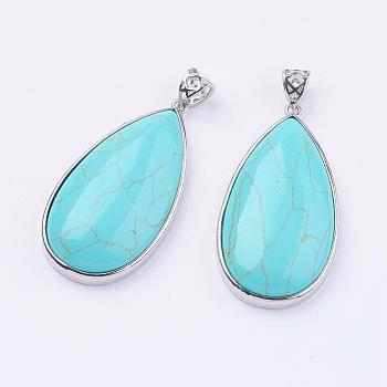 Synthetic Turquoise Big Pendants, with Platinum Tone Brass Findings, Lead Free & Nickel Free, Teardrop, 50x26x9mm, Hole: 5x6mm