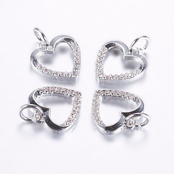 Long-Lasting Plated Brass Micro Pave Cubic Zirconia Charms, Hollow Heart, Real Platinum Plated, 11.5x11x2mm, Hole: 3mm