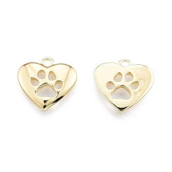 Ion Plating(IP) Brass Pendants, Heart with Cat Paw Charms, Real 18K Gold Plated, 15x16x2mm, Hole: 1.8mm