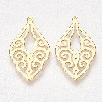 Brass Pendants, Leaf, Nickel Free, Real 18K Gold Plated, 27x15x1mm, Hole: 1mm