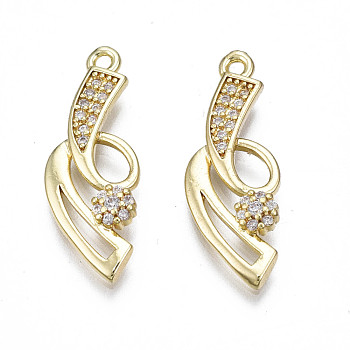 Brass Micro Pave Clear Cubic Zirconia Pendants, Real 18K Gold Plated, 24.5x9x2.5mm, Hole: 1.2mm