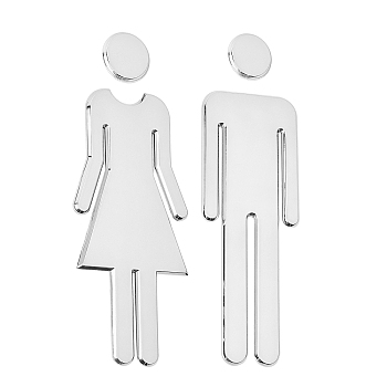 ABS Male & Female Bathroom Sign Stickers, Public Toilet Sign, for Wall Door Accessories Sign, Silver, Male: 195x61x4mm, Female: 190x70x3.7mm