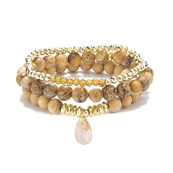 3Pcs 3 Style Natural & Synthetic Mixed Stone & Wood & Brass Stretch Bracelets Set with Glass Teardrop for Women, Inner Diameter: 2-1/4~2-3/8 inch(5.8~6.1cm), 1Pc/style