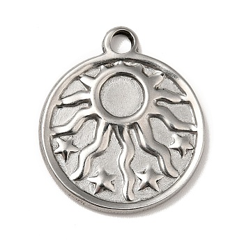 304 Stainless Steel Pendant Cabochon Settings, Flat Round with Sun Pattern, Stainless Steel Color, Tray: 5mm, 21x18x2mm, Hole: 2mm