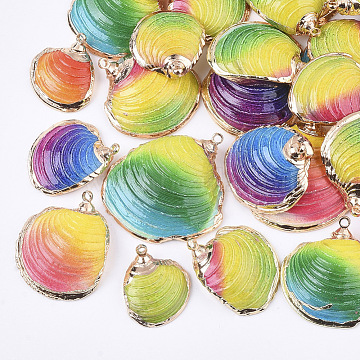 Electroplate Shell Pendants, with Brass Findings, Dyed, Light Gold, Mixed Color, 19~32x16~29x5~8mm, Hole: 1.6mm(SSHEL-T008-31)