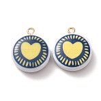 Printed Alloy with Acrylic Pendants, with Iron Ring, Round with Heart Charms, Royal Blue, Golden, 24x20x7mm, Hole: 2mm(AL-CBAE25B-03A-G)