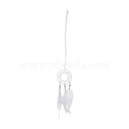 Iron Woven Web/Net with Feather Pendant Decorations, with Iolite and Resin Beads, Covered with Leather Cord, Flat Round, White, 501mm(AJEW-B017-01)